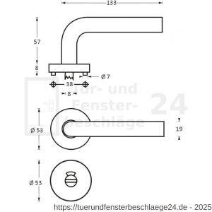 Intersteel Living 1276 Türdrücker Lisa 90 Grad Rosette auf Rosette 53x8 mm EN 1906/4 mit Bad-WC 8 mm stift Edelstahl gebürstet - D26005617 - afbeelding 2
