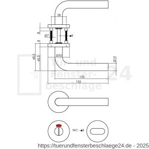 Intersteel Essentials 1316 Türdrücker Recht auf Rosette 55x8 mm EN 1906/4 mit Bad-WC 8 mm Stift Garnitur Edelstahl gebürstet - D26008518 - afbeelding 2