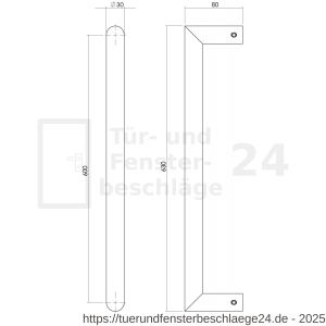 Intersteel Essentials 4339 Türgriff stückweise gerade-90 Grad 630x80x30 mm Mittenabstand 600 mm Edelstahl gebürstet - D26008765 - afbeelding 2